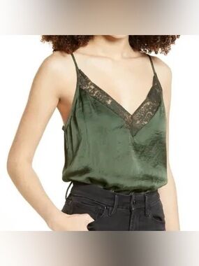 SOCIALITE Olive Green Lace Trim Satin Bodysuit NWT